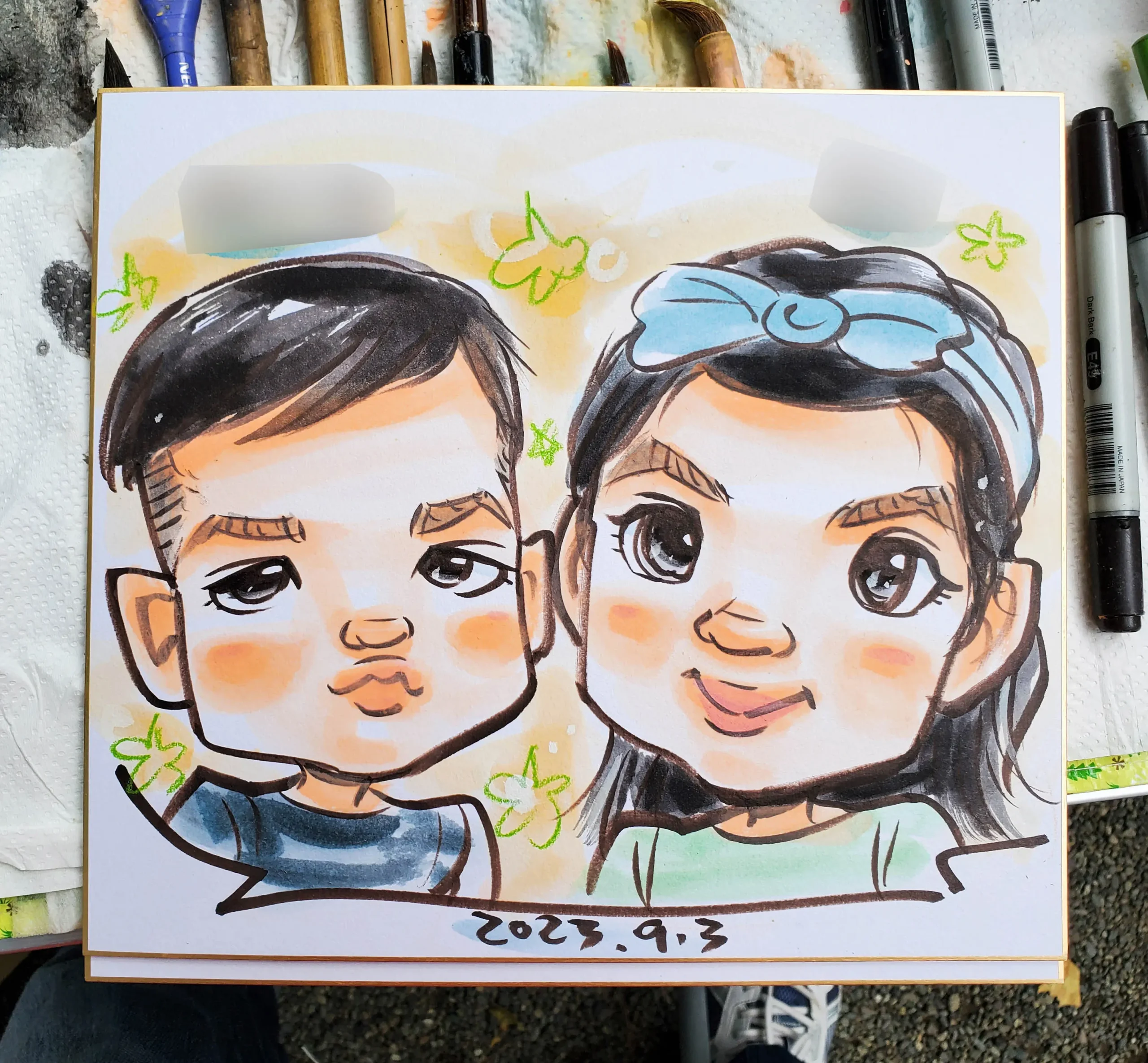 大磯町で描いたお姉ちゃんと弟の似顔絵